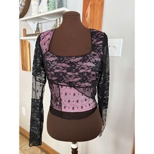 Y2K dELiA*s Black Floral Lace Mesh Top Mauve Pink Large whimsigoth grunge